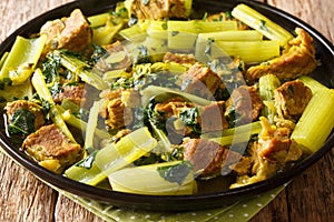 Persian celery stew also known asÂ khoresht karafs is a delicious Iranian stew made with celery stalks, meat and herbs closeup in